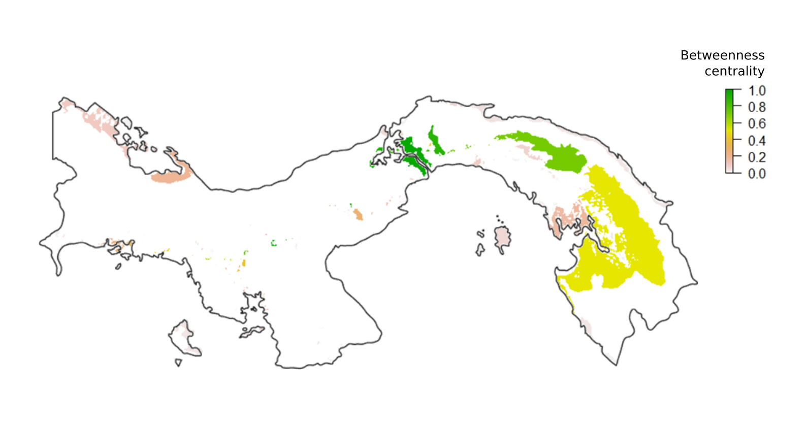Map of relative importance of forest patches to national forest connectivity